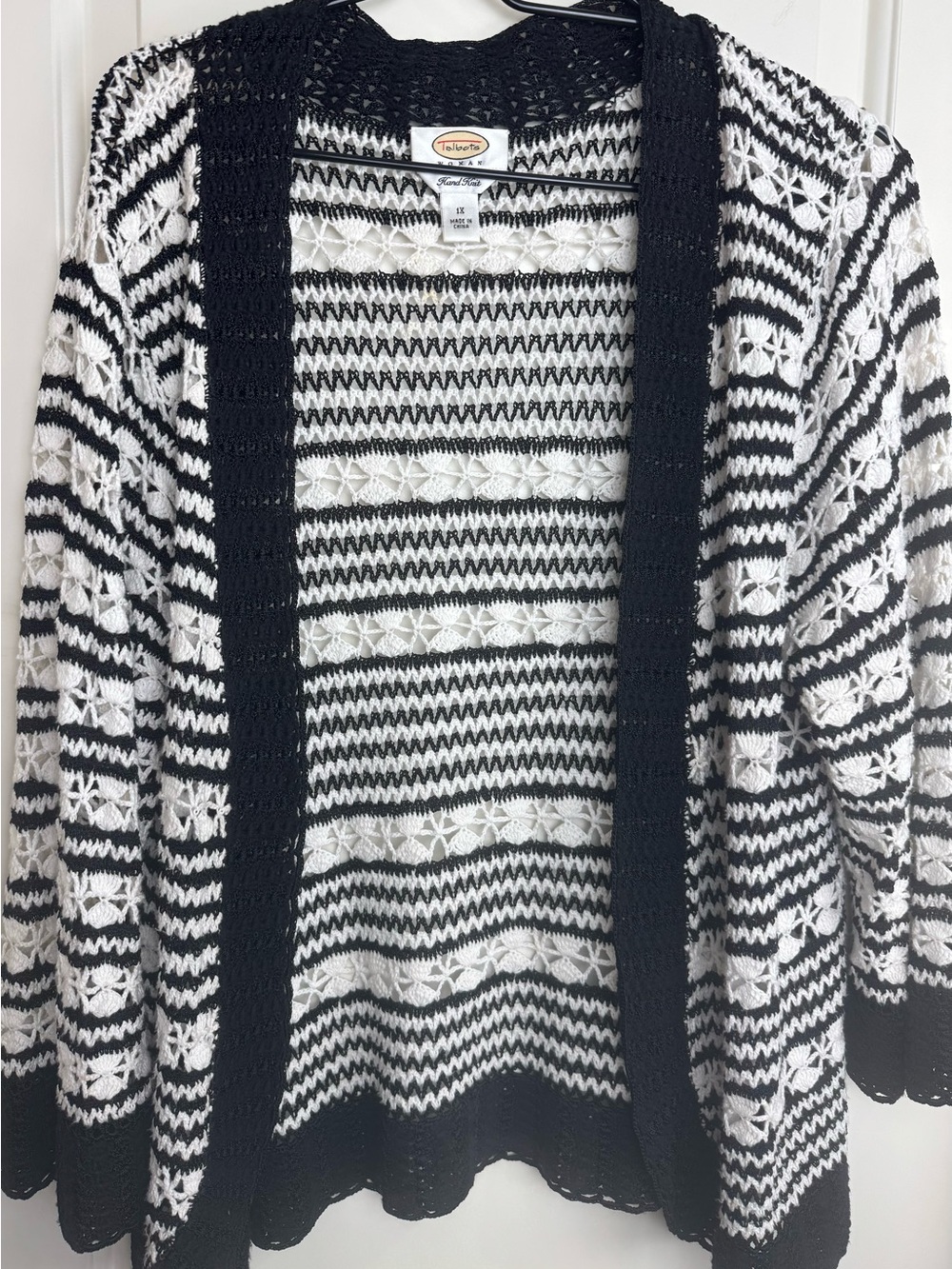 Talbots Woman 1X Black White Hand Knit Crochet Open Front Cardigan
